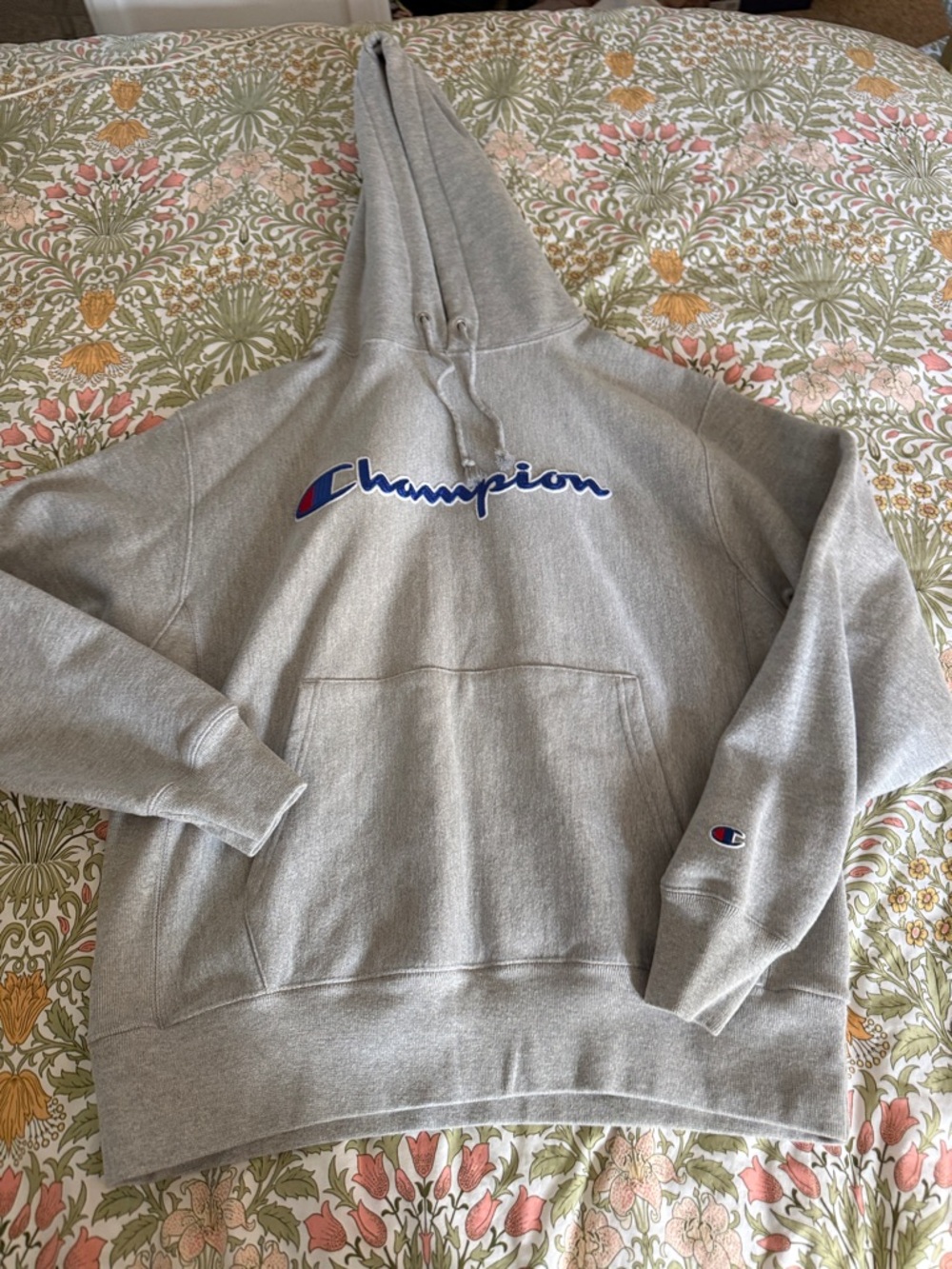 Champion Gray Reverse Weave Hoodie with Blue Logo